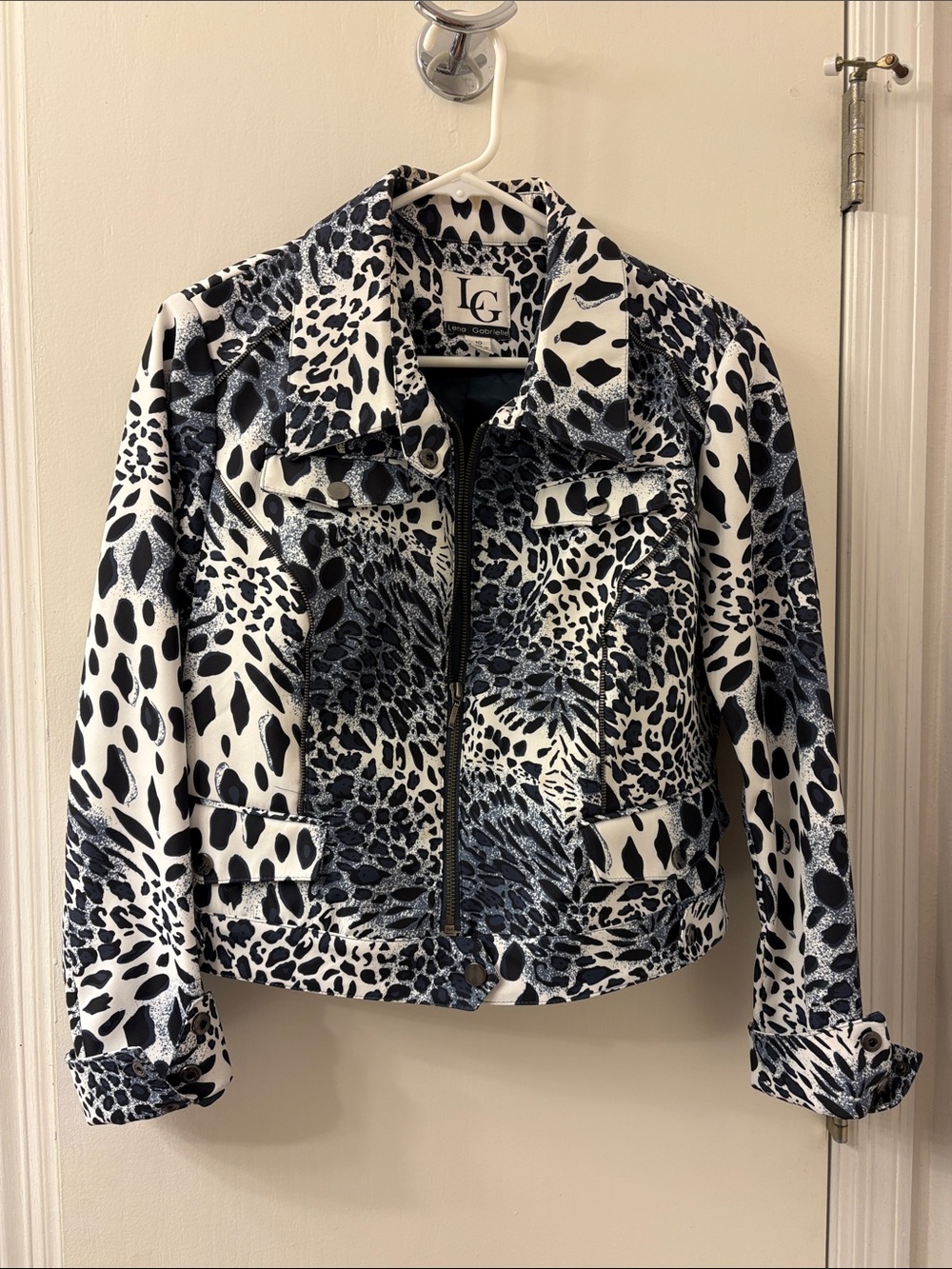 LG Lena Gabrielle Black & White Animal-Print Bomber Jacket